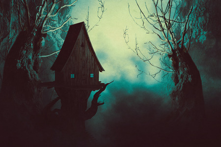 63699944 - halloween night background with spooky forest trees and witch house in fog.